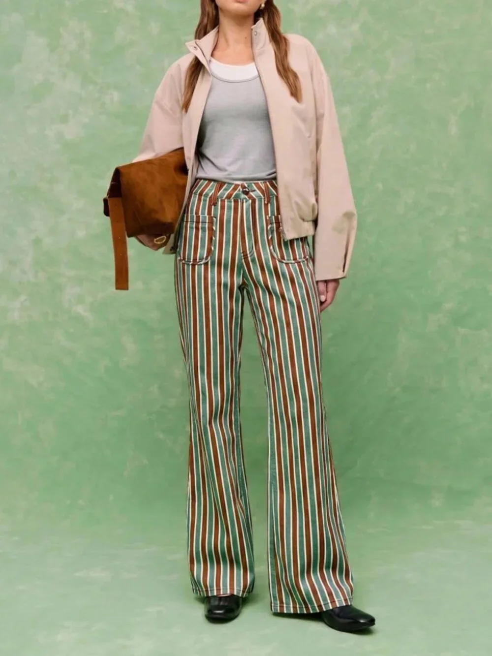 Green & Brown Striped Flare Denim Jeans with Front Pockets